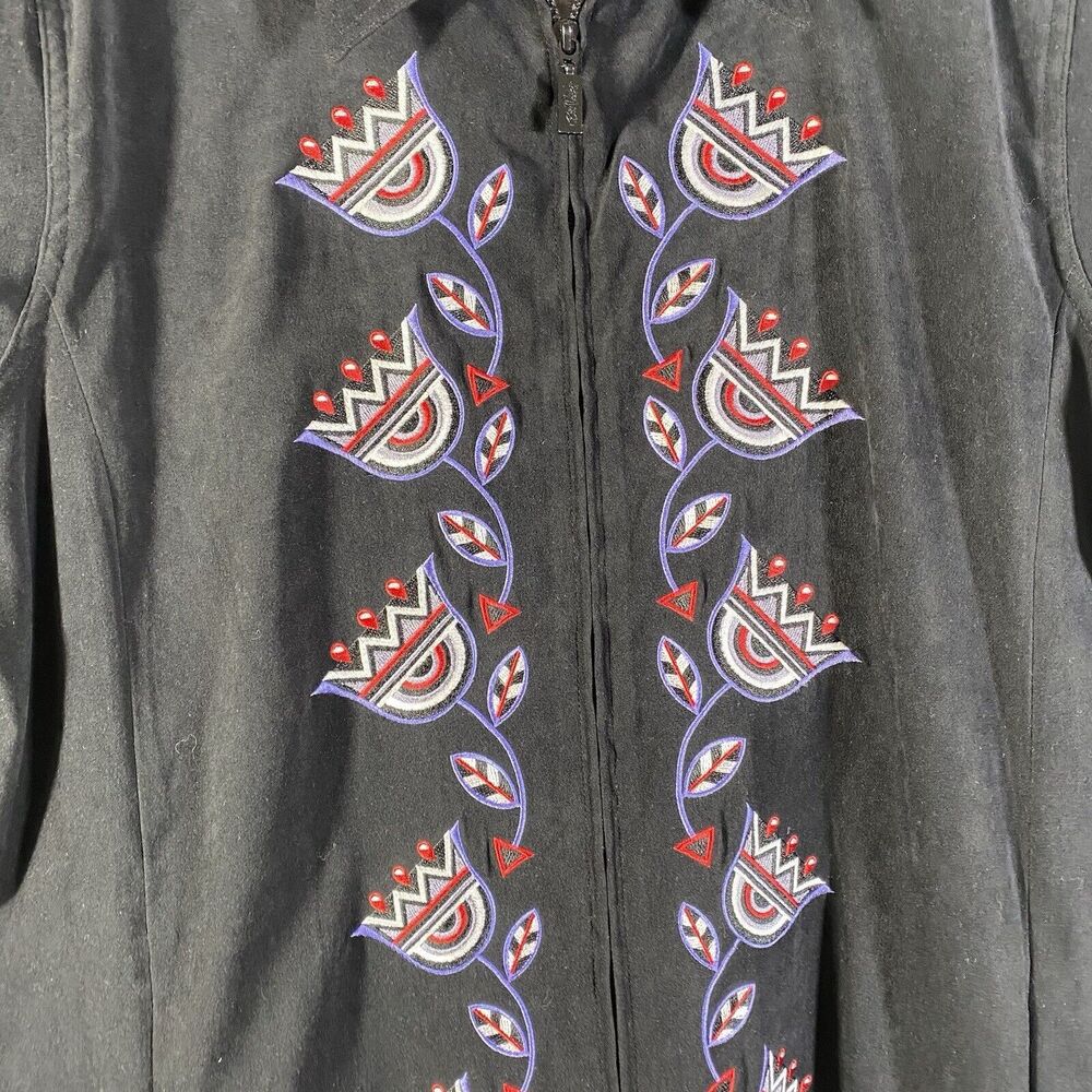 Bob Mackie Wearable Art Velour Floral Jacket 2X Black Velvet Embroidered Zip - Picture 2 of 11